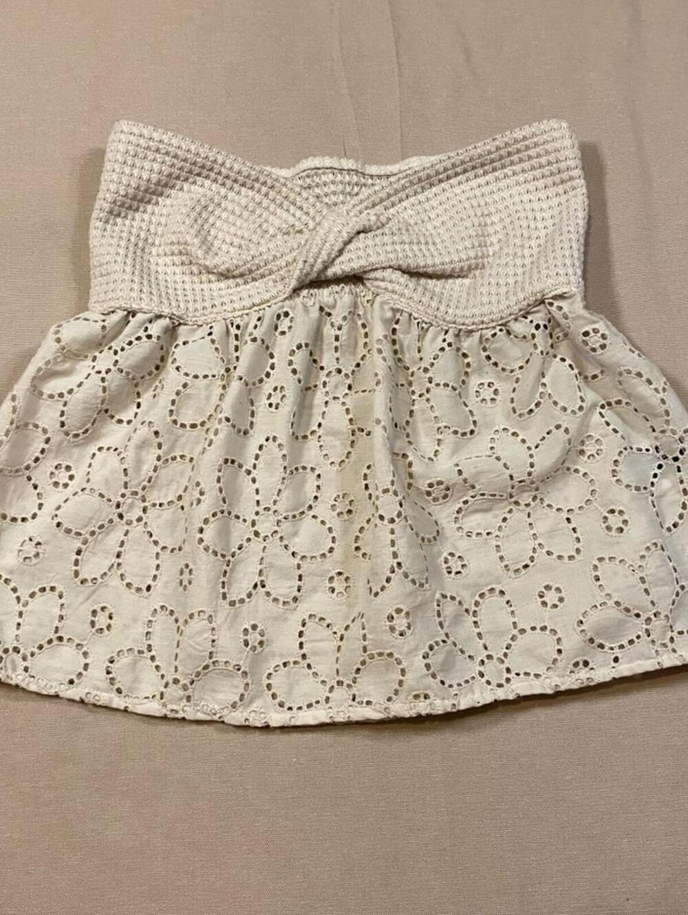 Tan Cream Floral Embroidered Cutout twist tube top strapless
